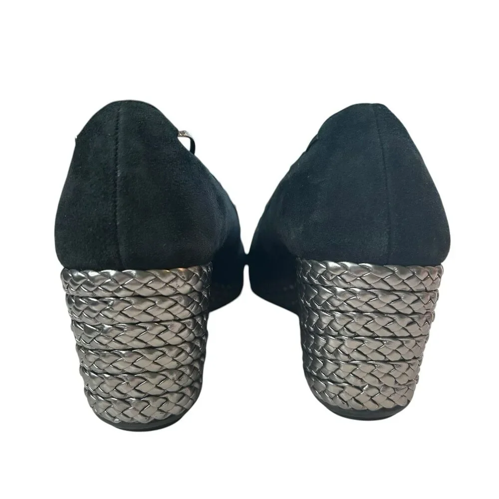 Lauren Ralph Lauren Black Suede Espadrille Wedge Size 7B Cambree Silver Metallic